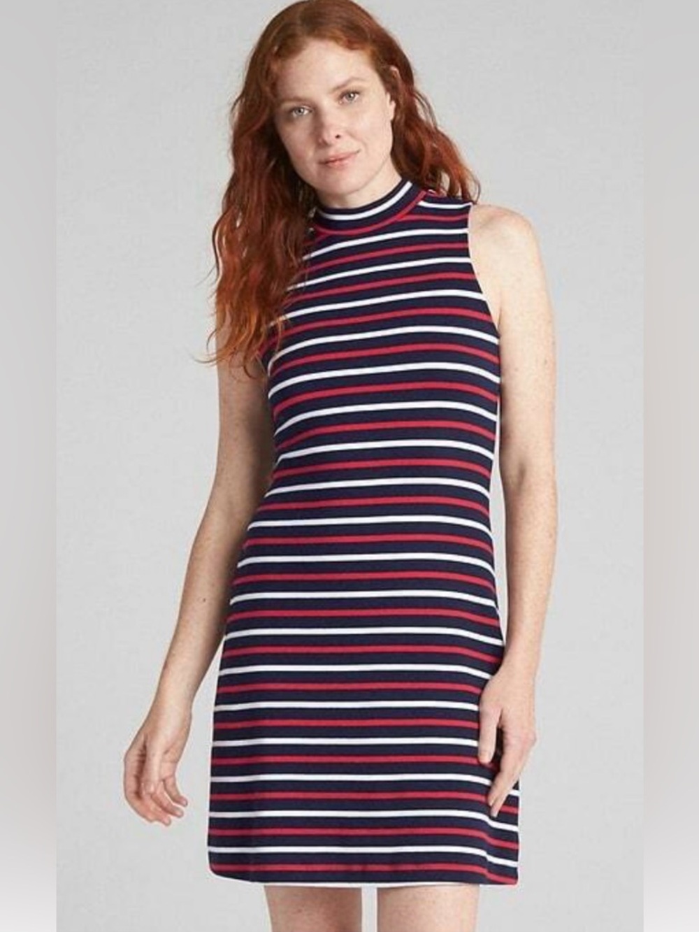 🆕Bnwt GAP Women Mock Neck
Sleeveless Navy Red Striped Back
Seam Knit